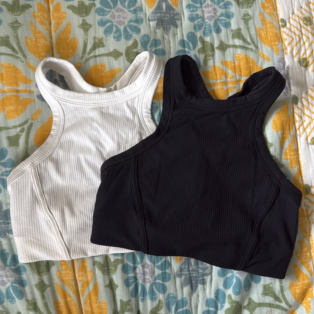 2 like new Lululemon Ribbed Nulu High Neck Yoga Bras in Black and White - size 6
